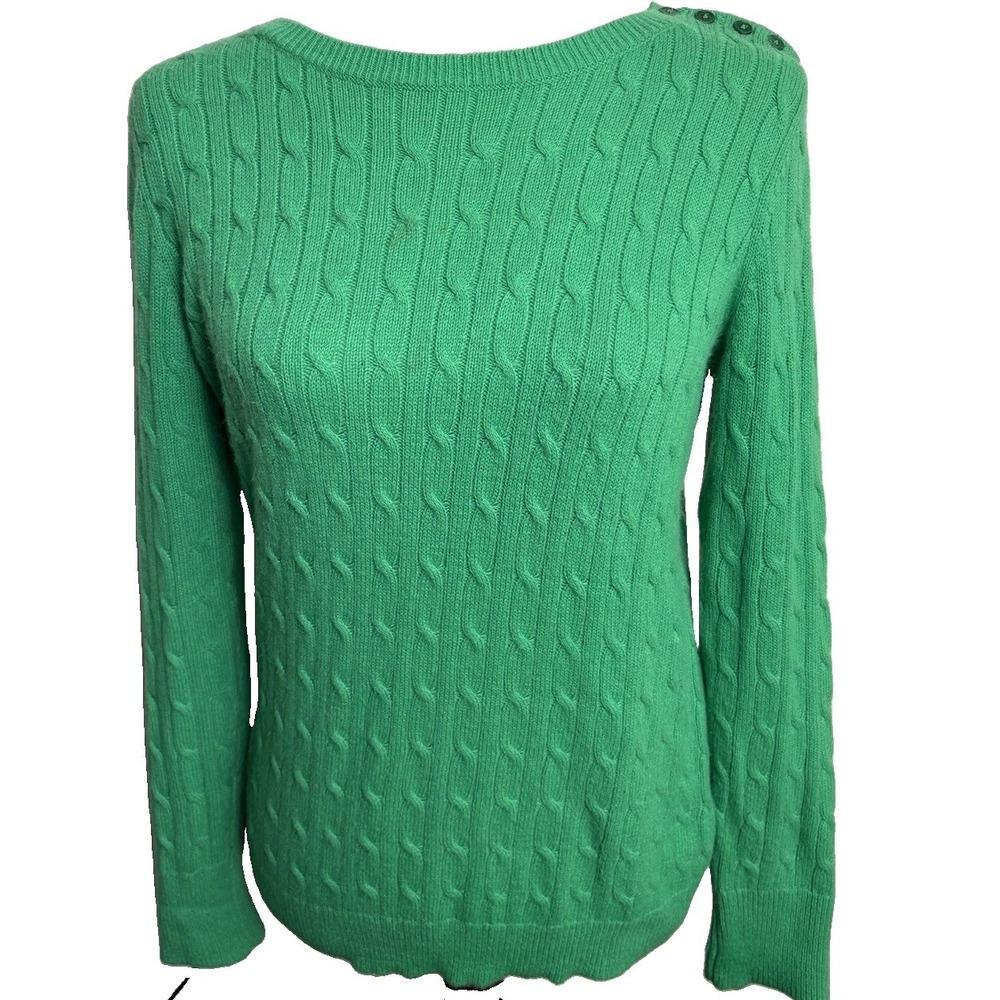 Talbots Cable Knit Sweater Lambswool Blend Shoulder Buttons Women S Green Preppy